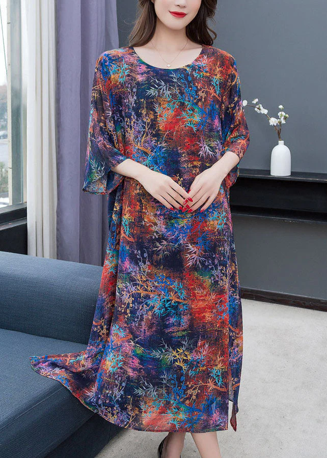 Classy Colorblock O Neck Side Open Patchwork Chiffon Dress Summer - Image 4