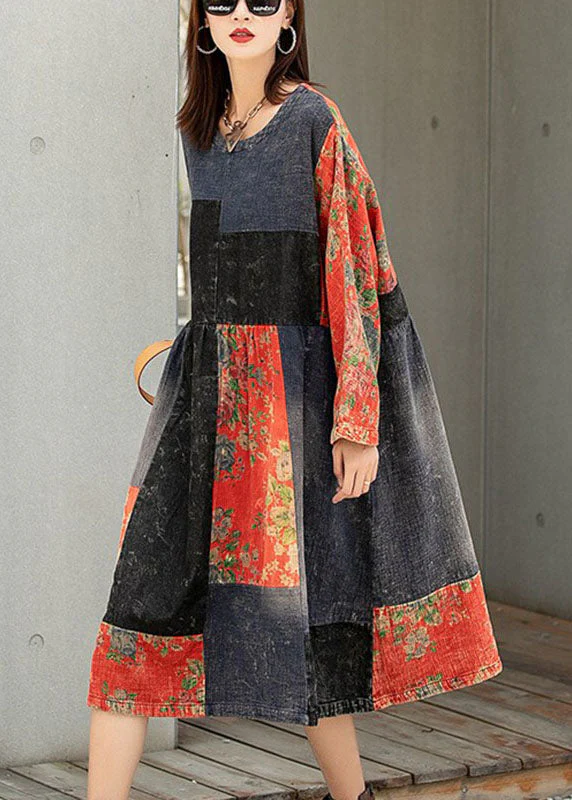 Classy Colorblock Print Patchwork Pockets Fall Maxi Dresses Half Sleeve - Image 2