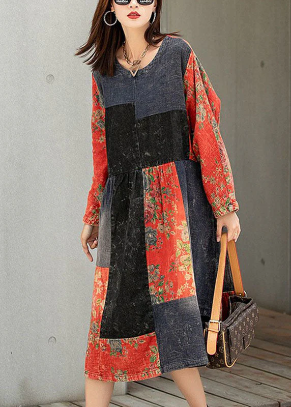 Classy Colorblock Print Patchwork Pockets Fall Maxi Dresses Half Sleeve - Image 3