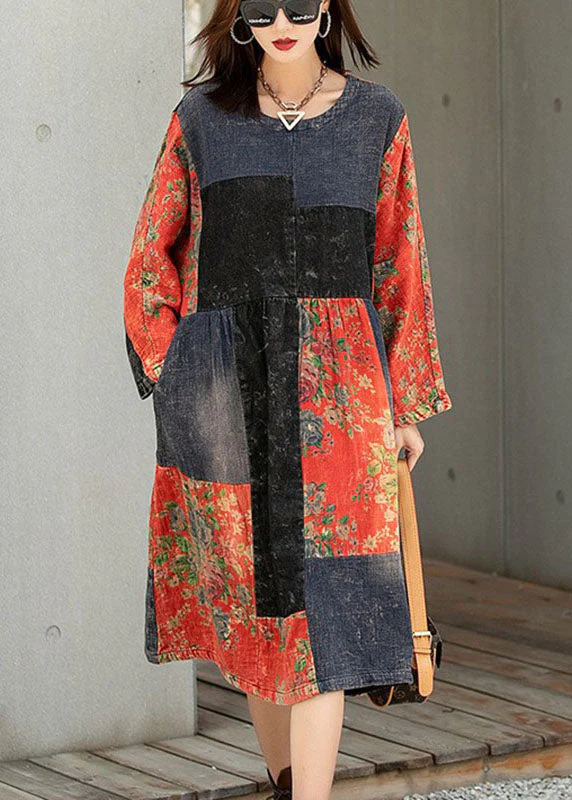 Classy Colorblock Print Patchwork Pockets Fall Maxi Dresses Half Sleeve - Image 4