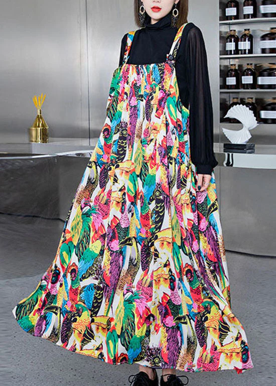 Classy Colorblock print Silk Spaghetti Strap Dress Spring - Image 3