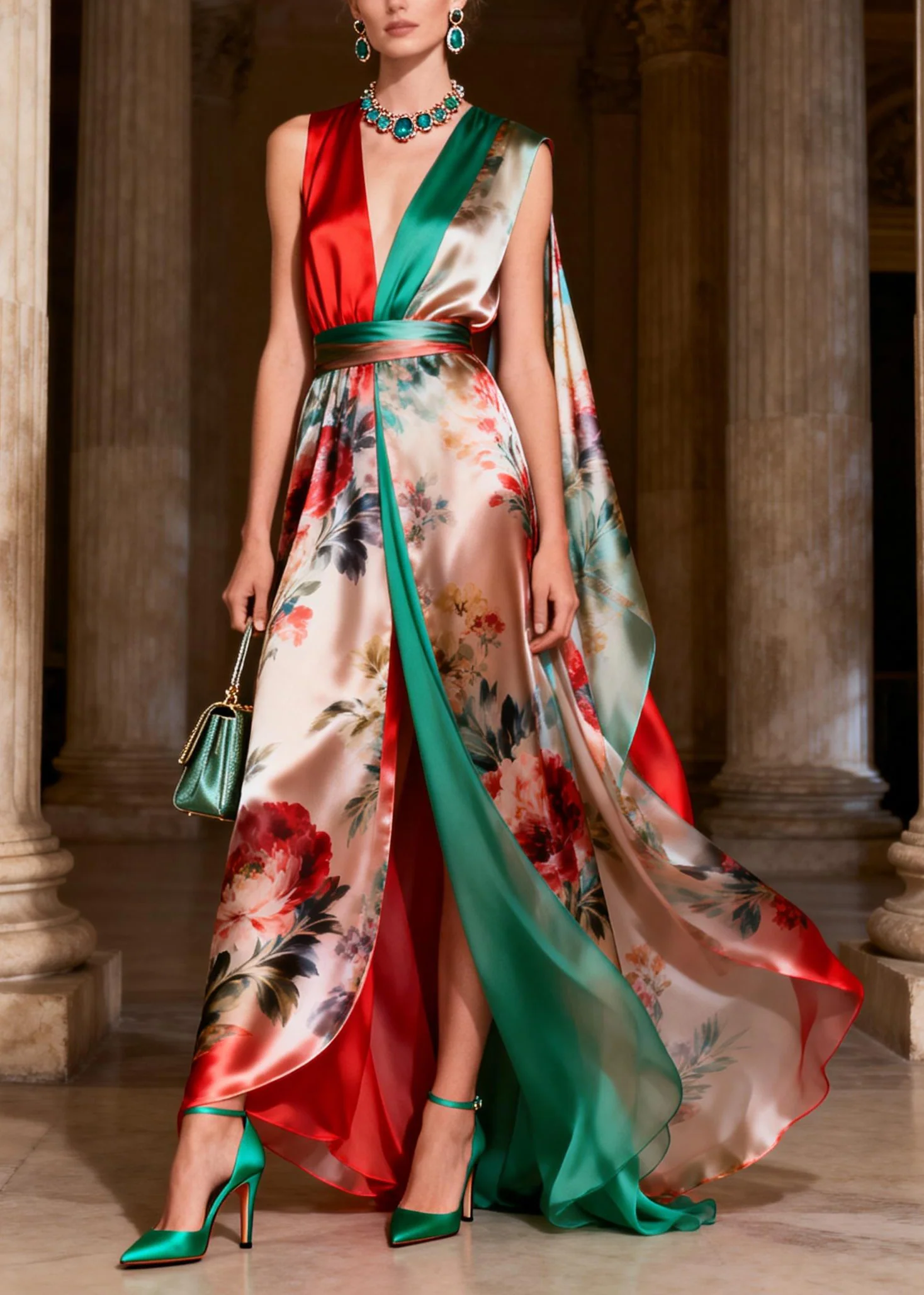 Classy Colorblock Print Tunic Silk Robe Dresses Sleeveless