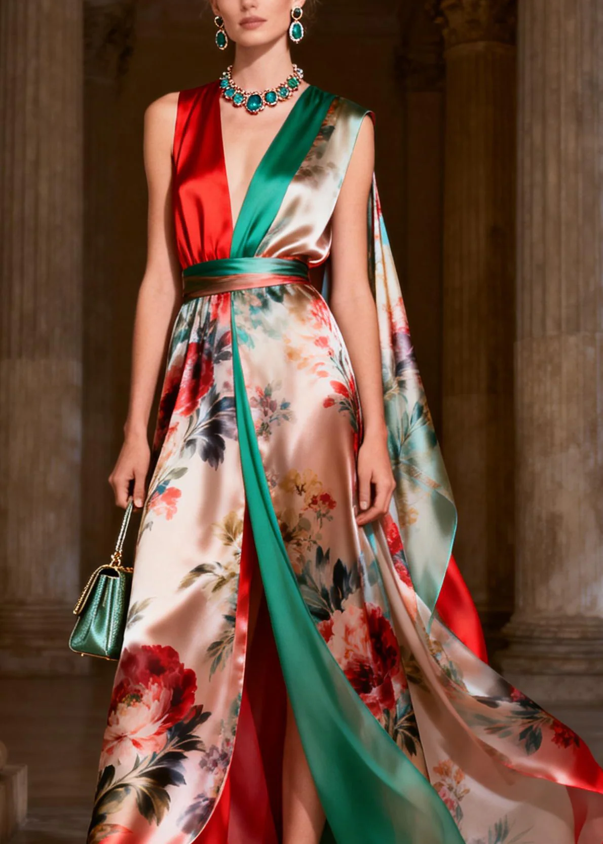Classy Colorblock Print Tunic Silk Robe Dresses Sleeveless - Image 2
