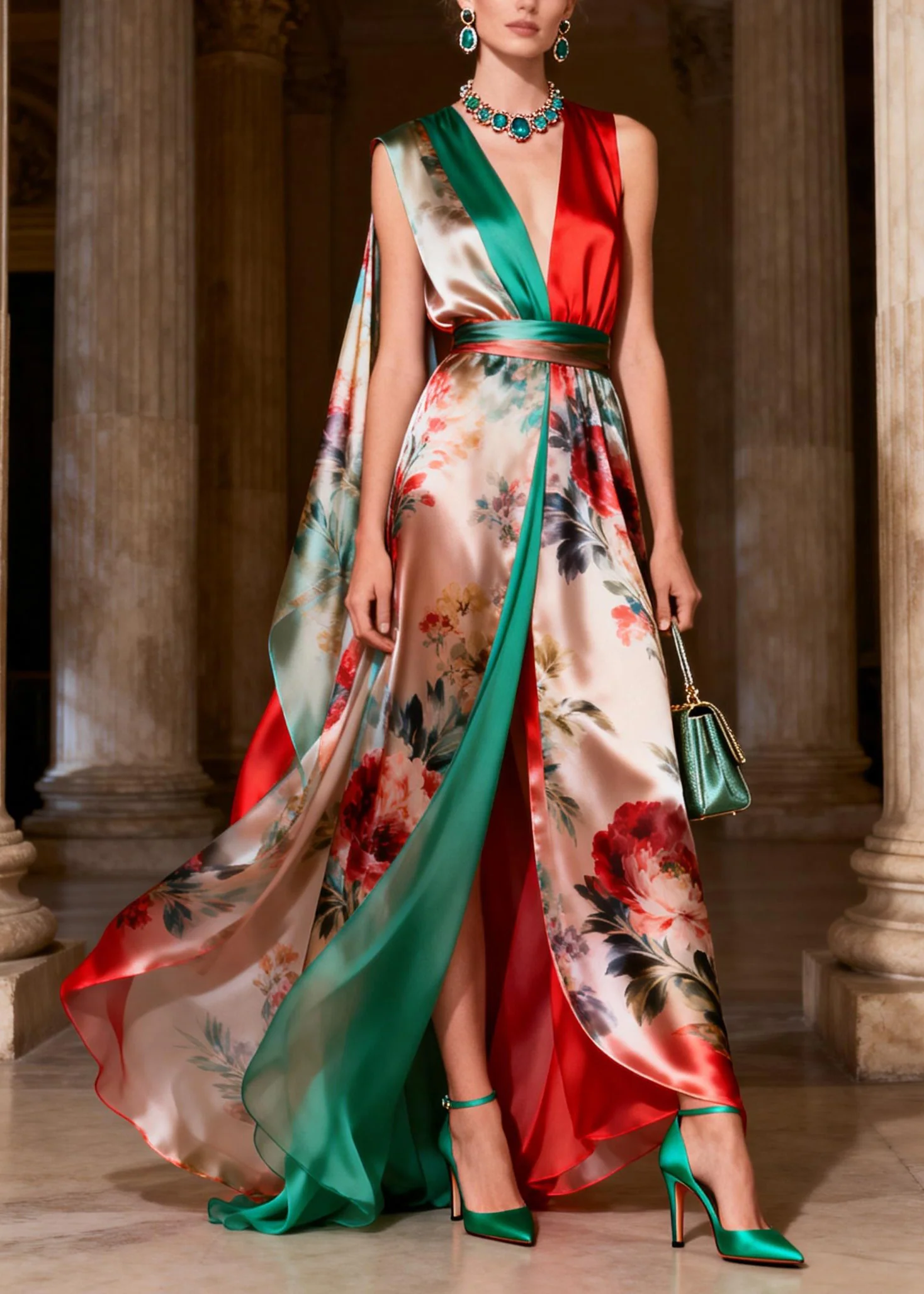 Classy Colorblock Print Tunic Silk Robe Dresses Sleeveless - Image 3