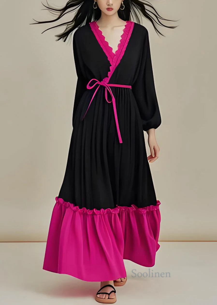 Classy Colorblock V Neck Ruffled Lace Up Patchwork Cotton Dresses Full - Image 2