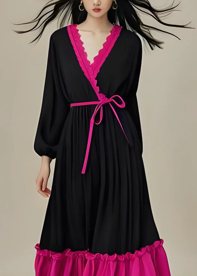 Classy Colorblock V Neck Ruffled Lace Up Patchwork Cotton Dresses Full - Image 3