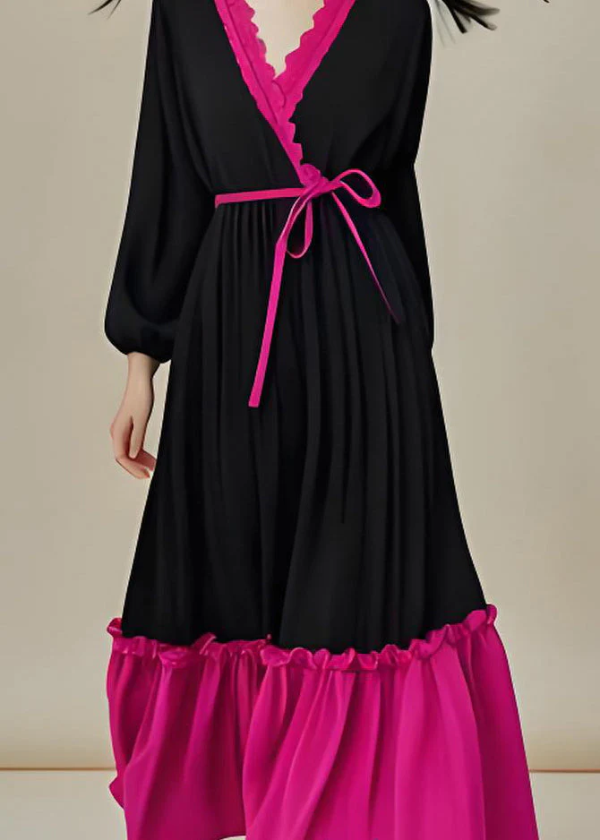 Classy Colorblock V Neck Ruffled Lace Up Patchwork Cotton Dresses Full - Image 4