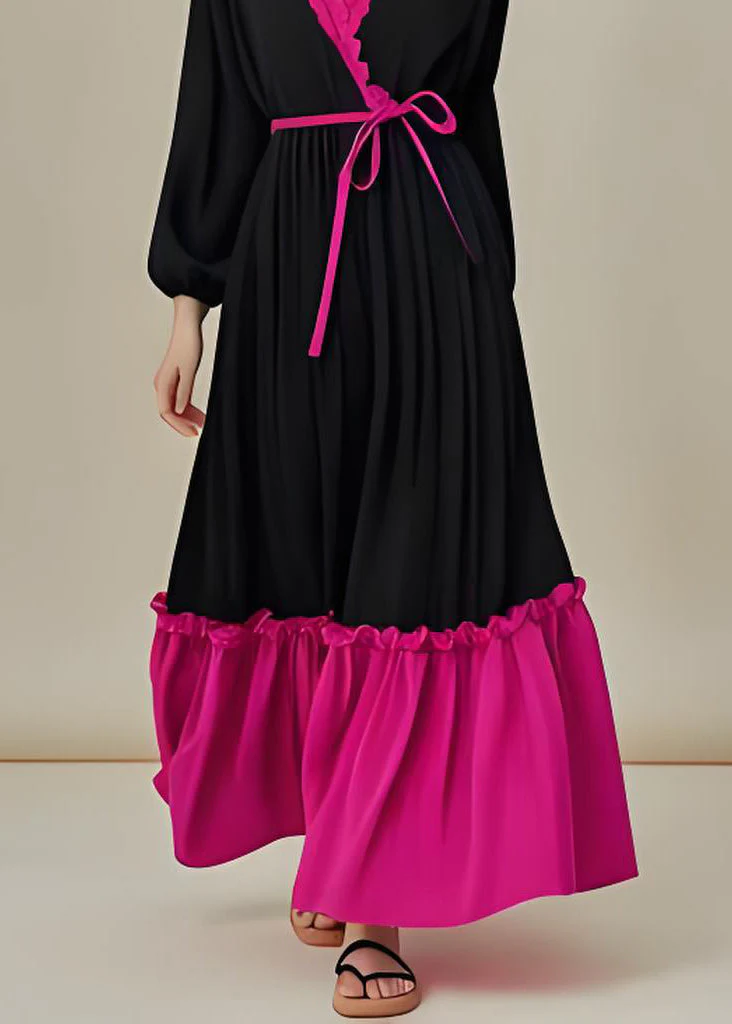 Classy Colorblock V Neck Ruffled Lace Up Patchwork Cotton Dresses Full - Image 5