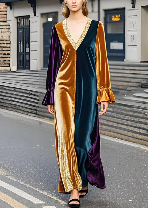 Classy Colorblock V Neck Velvet Dress Flare Sleeve - Image 2