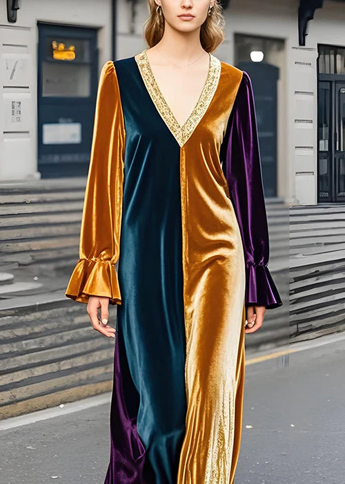 Classy Colorblock V Neck Velvet Dress Flare Sleeve - Image 3