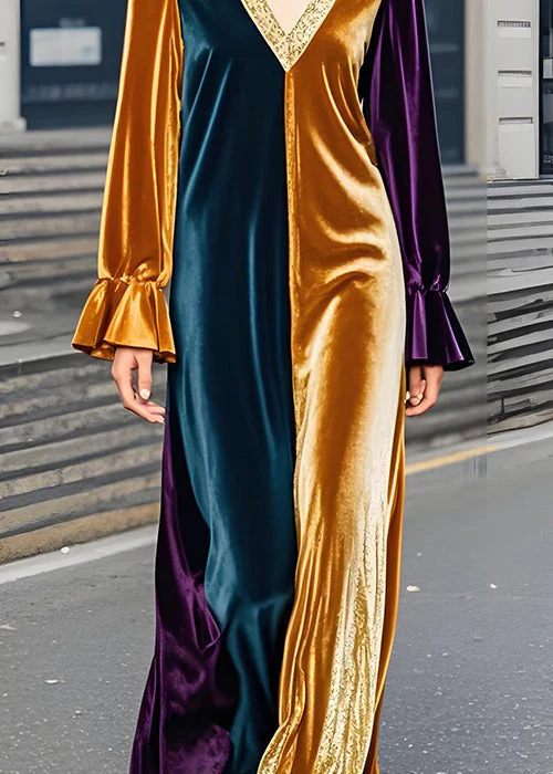 Classy Colorblock V Neck Velvet Dress Flare Sleeve - Image 4