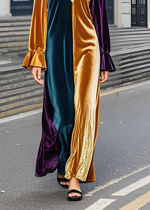 Classy Colorblock V Neck Velvet Dress Flare Sleeve - Image 5