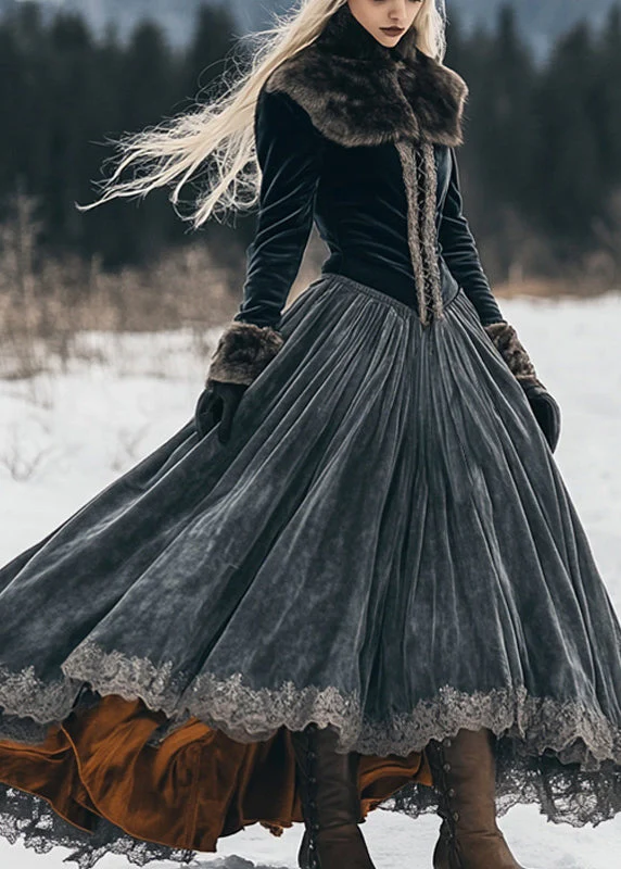 Classy Dark Grey Fur Collar Lace Patchwork Silk Velvet Long Dress Spring