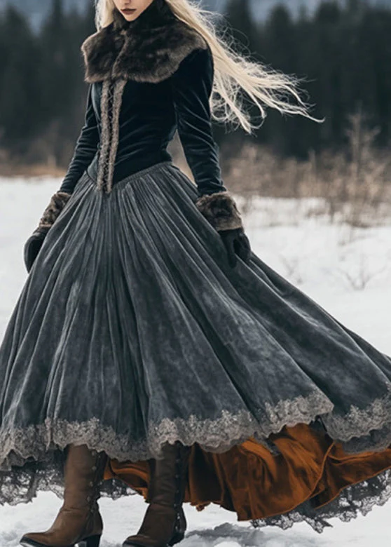 Classy Dark Grey Fur Collar Lace Patchwork Silk Velvet Long Dress Spring - Image 2