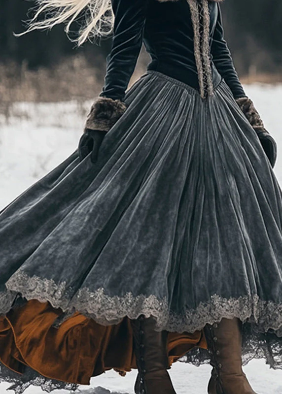 Classy Dark Grey Fur Collar Lace Patchwork Silk Velvet Long Dress Spring - Image 3