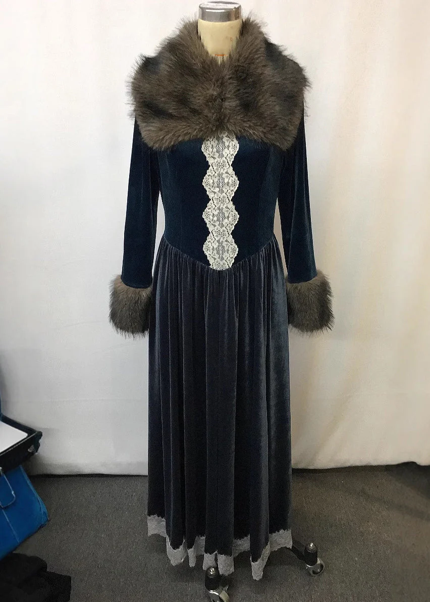 Classy Dark Grey Fur Collar Lace Patchwork Silk Velvet Long Dress Spring - Image 4