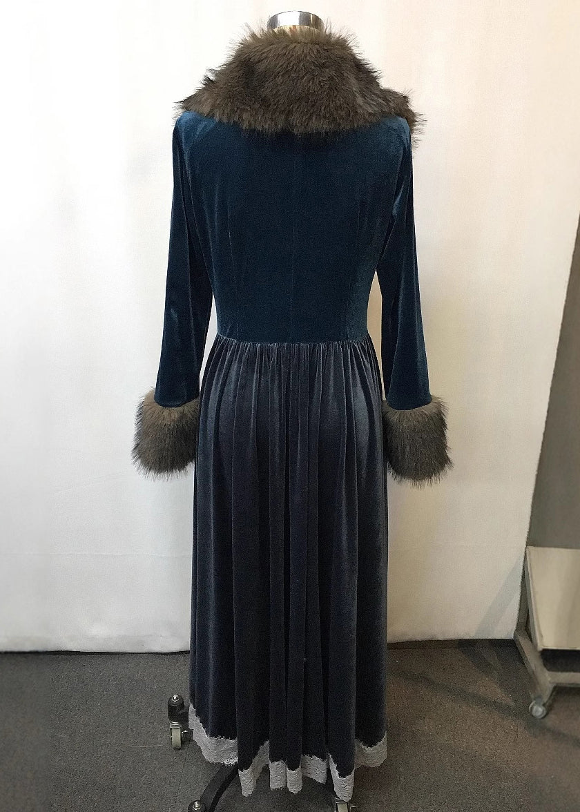 Classy Dark Grey Fur Collar Lace Patchwork Silk Velvet Long Dress Spring - Image 5