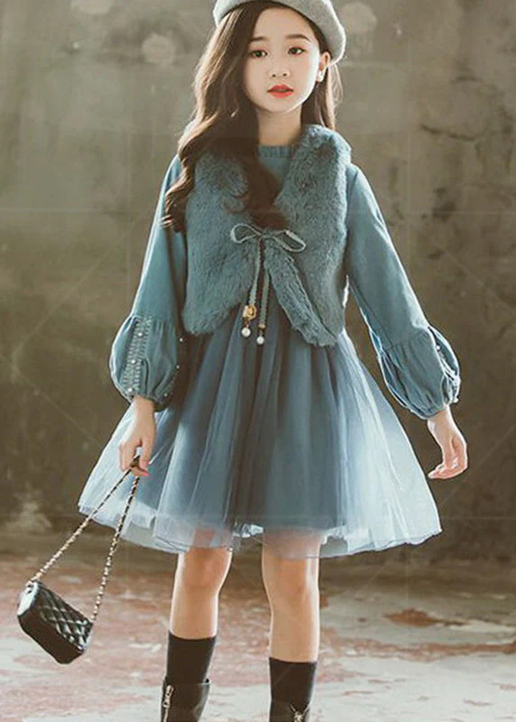 Classy Dark Purple V Neck Girls Leather Fur Waistcoat And Tulle Dress Two Piece Set Fall - Image 2