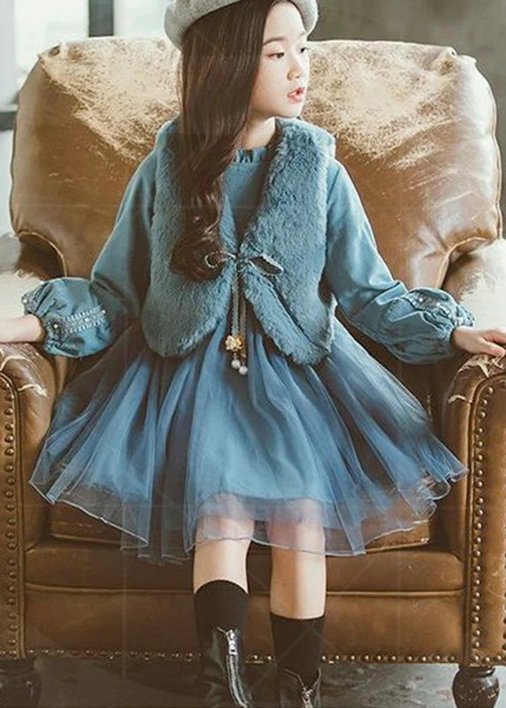 Classy Dark Purple V Neck Girls Leather Fur Waistcoat And Tulle Dress Two Piece Set Fall - Image 3