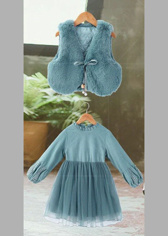 Classy Dark Purple V Neck Girls Leather Fur Waistcoat And Tulle Dress Two Piece Set Fall - Image 5