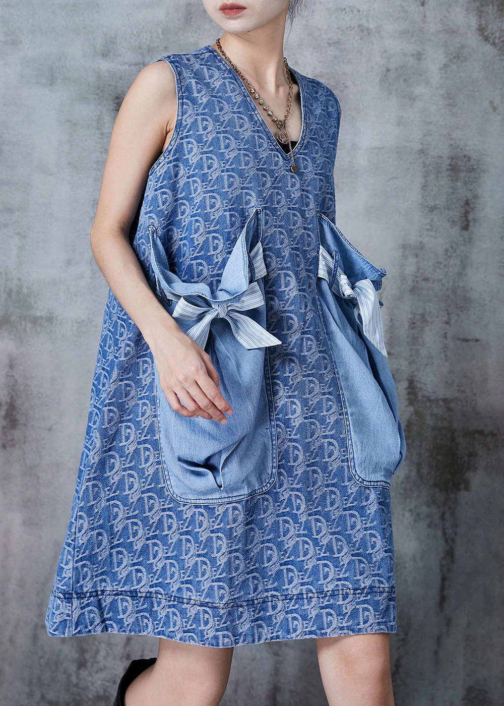 Classy Denim Blue Bow Patchwork Big Pockets Mid Dress Summer - Image 2