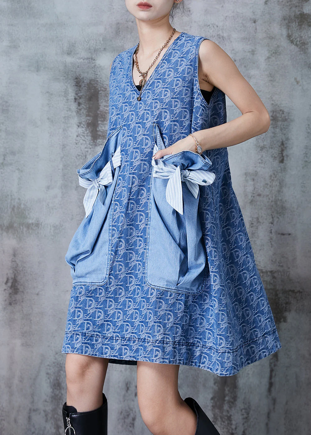 Classy Denim Blue Bow Patchwork Big Pockets Mid Dress Summer - Image 3