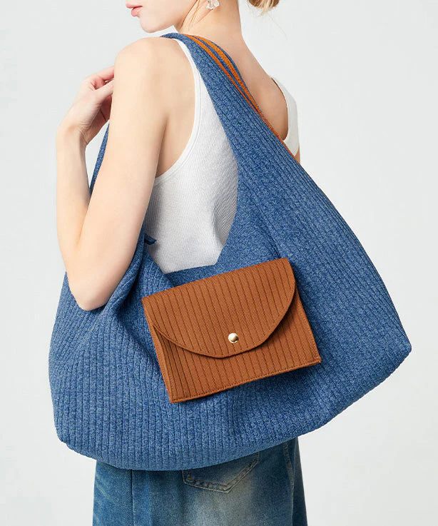 Classy Denim Blue Large Capacity Patchwork Pocket Cotton Shoulder Bags