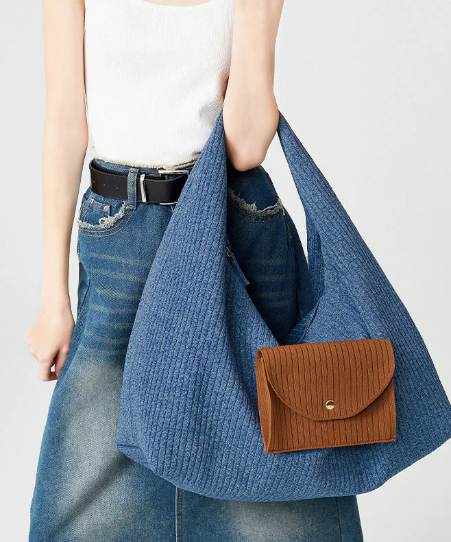 Classy Denim Blue Large Capacity Patchwork Pocket Cotton Shoulder Bags - Image 5