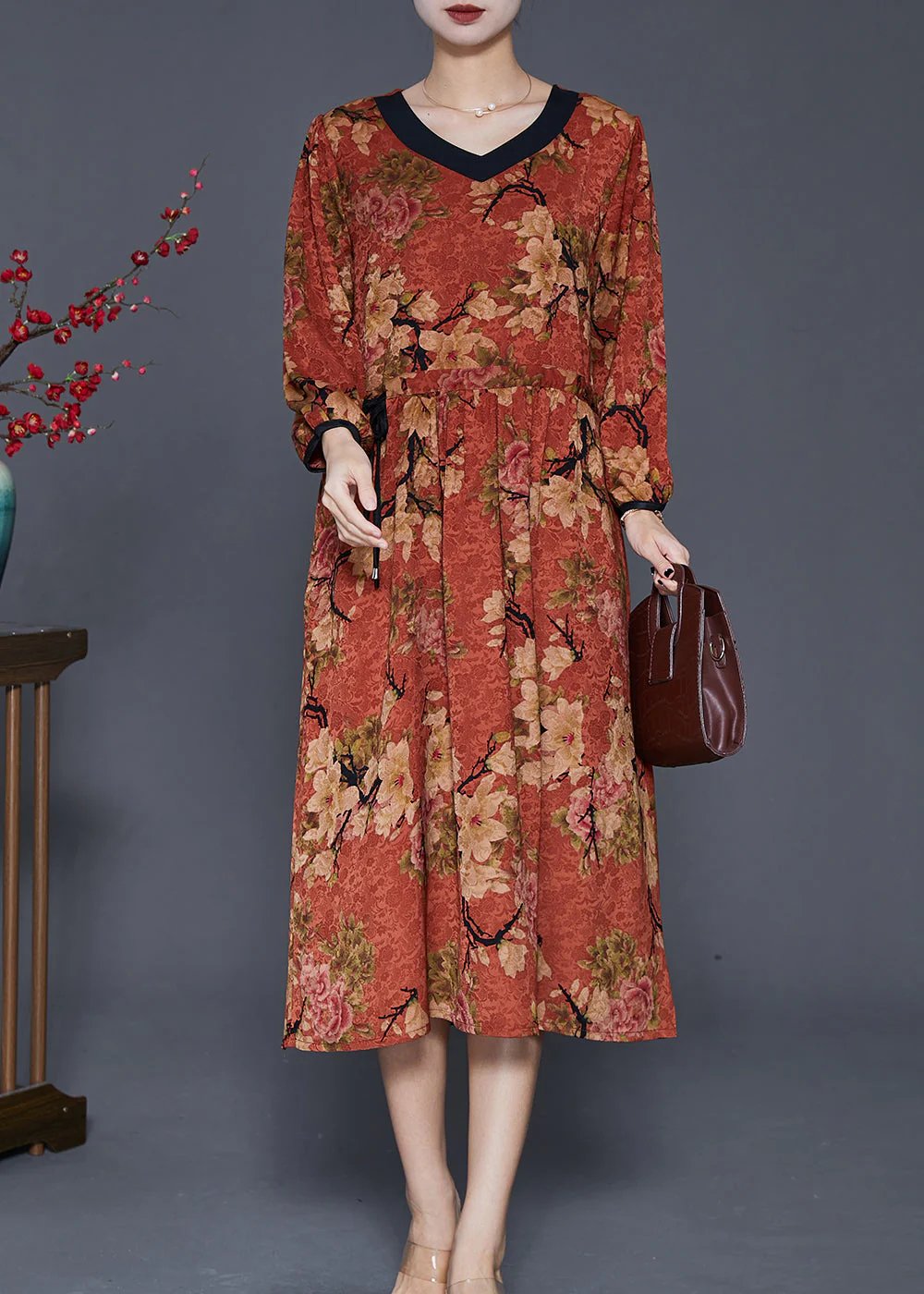 Classy Dull Red Cinched Print Maxi Dress Fall - Image 2