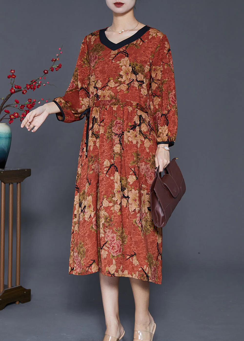 Classy Dull Red Cinched Print Maxi Dress Fall - Image 3