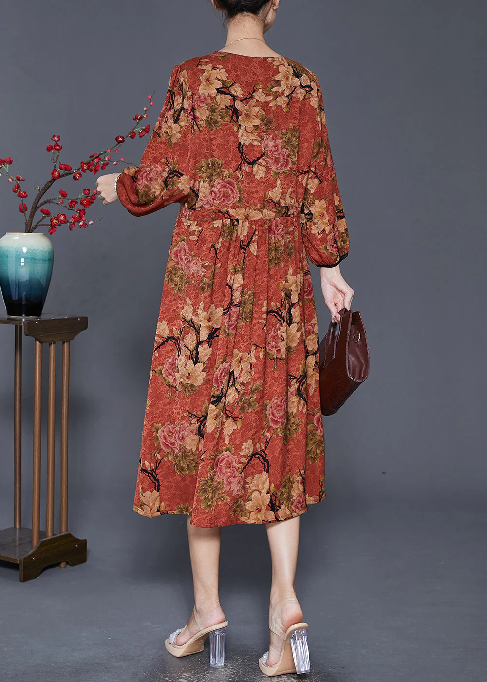 Classy Dull Red Cinched Print Maxi Dress Fall - Image 4