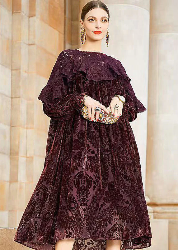 Classy Dull Red Lace Jacquard Patchwork Silk Velour Dresses Fall - Image 3