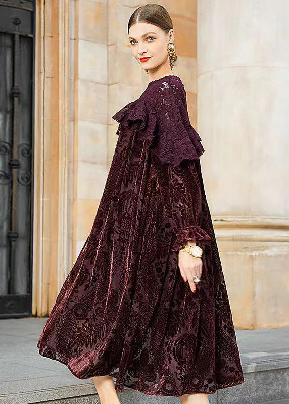Classy Dull Red Lace Jacquard Patchwork Silk Velour Dresses Fall - Image 4
