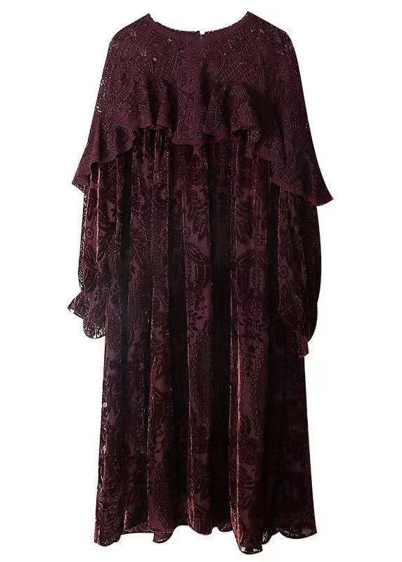 Classy Dull Red Lace Jacquard Patchwork Silk Velour Dresses Fall - Image 5