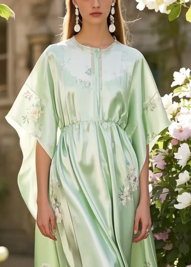 Classy Fruit Green Print Silk Holiday Dress Batwing Sleeve - Image 2