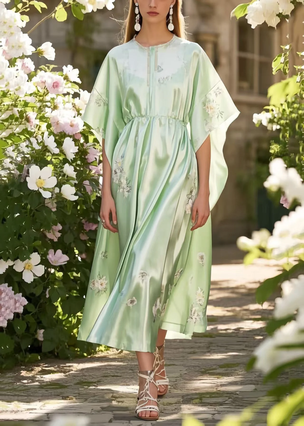 Classy Fruit Green Print Silk Holiday Dress Batwing Sleeve - Image 3