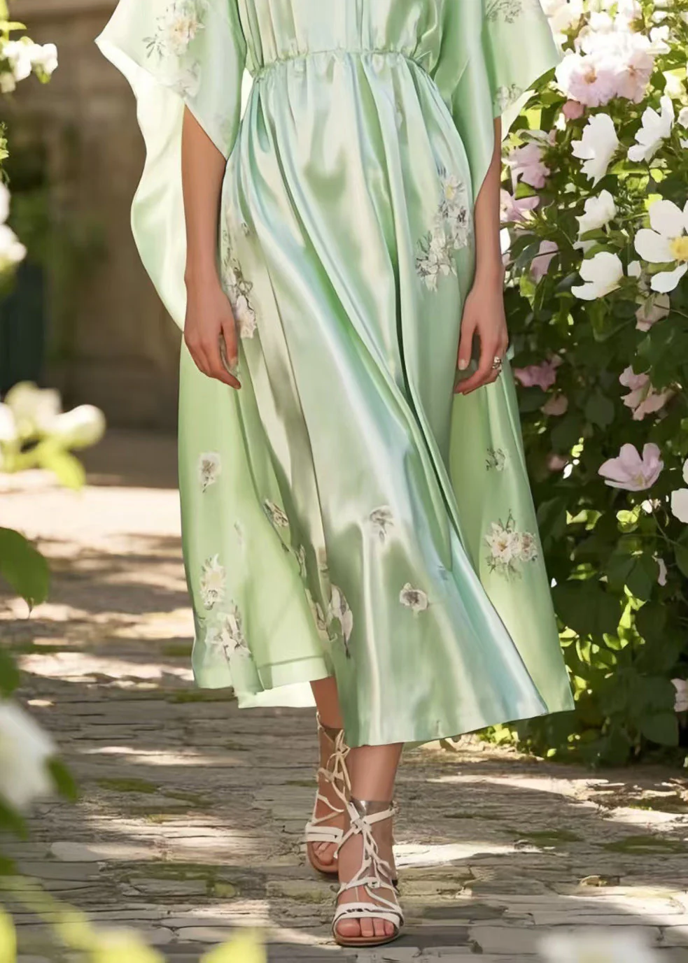 Classy Fruit Green Print Silk Holiday Dress Batwing Sleeve - Image 4