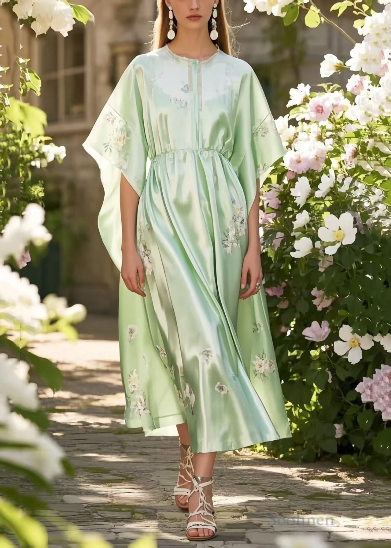 Classy Fruit Green Print Silk Holiday Dress Batwing Sleeve - Image 5