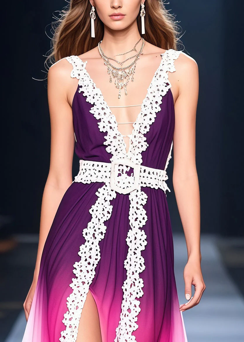 Classy Gradient Purple Side Open Lace Patchwork Chiffon Vestidos Dress Summer - Image 2