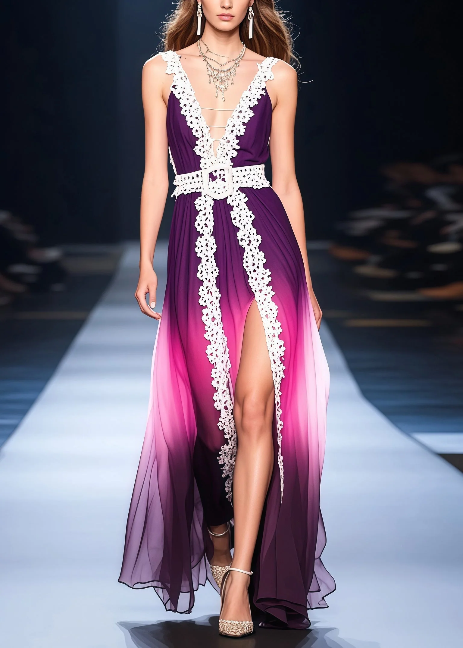 Classy Gradient Purple Side Open Lace Patchwork Chiffon Vestidos Dress Summer - Image 3
