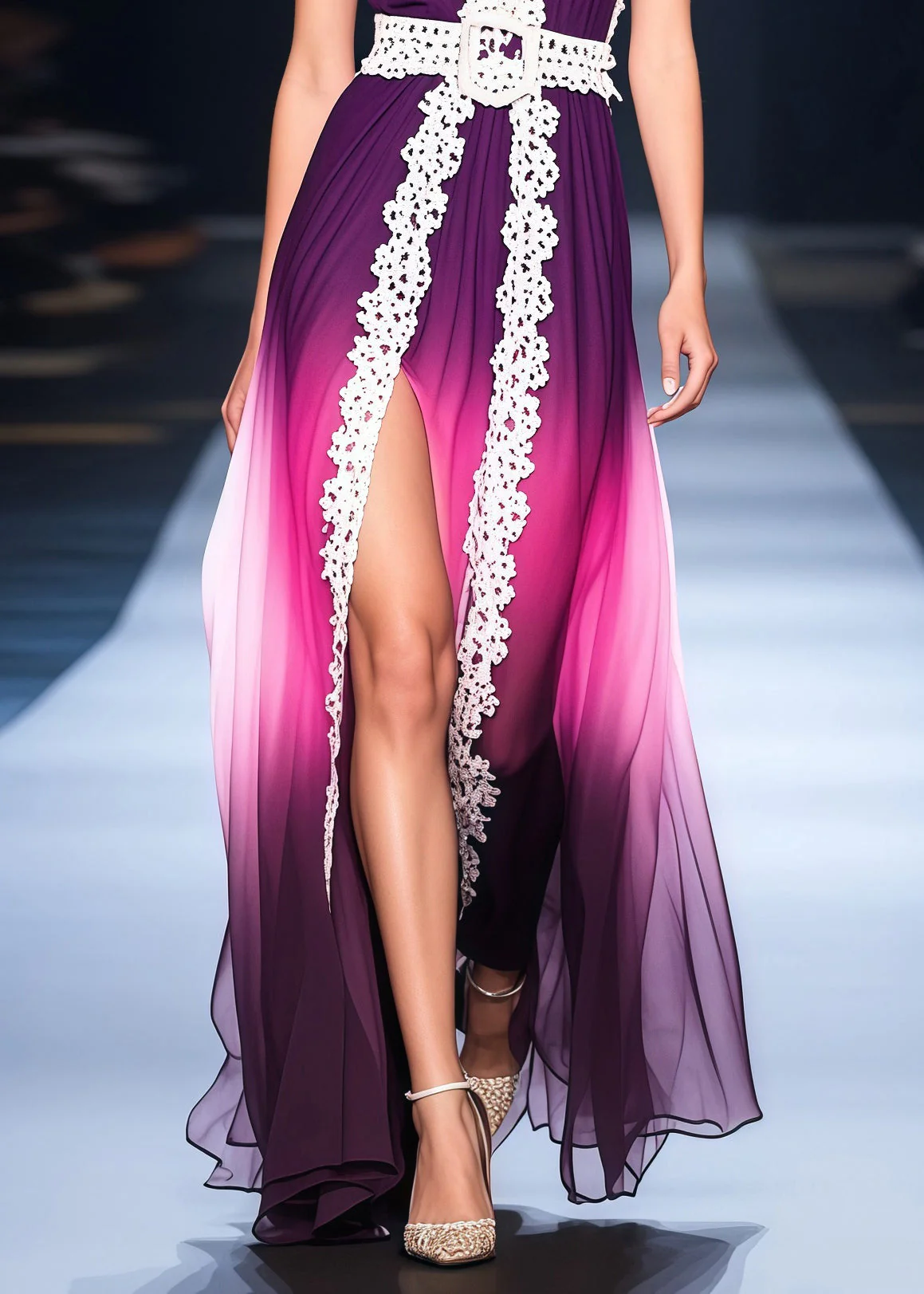 Classy Gradient Purple Side Open Lace Patchwork Chiffon Vestidos Dress Summer - Image 4