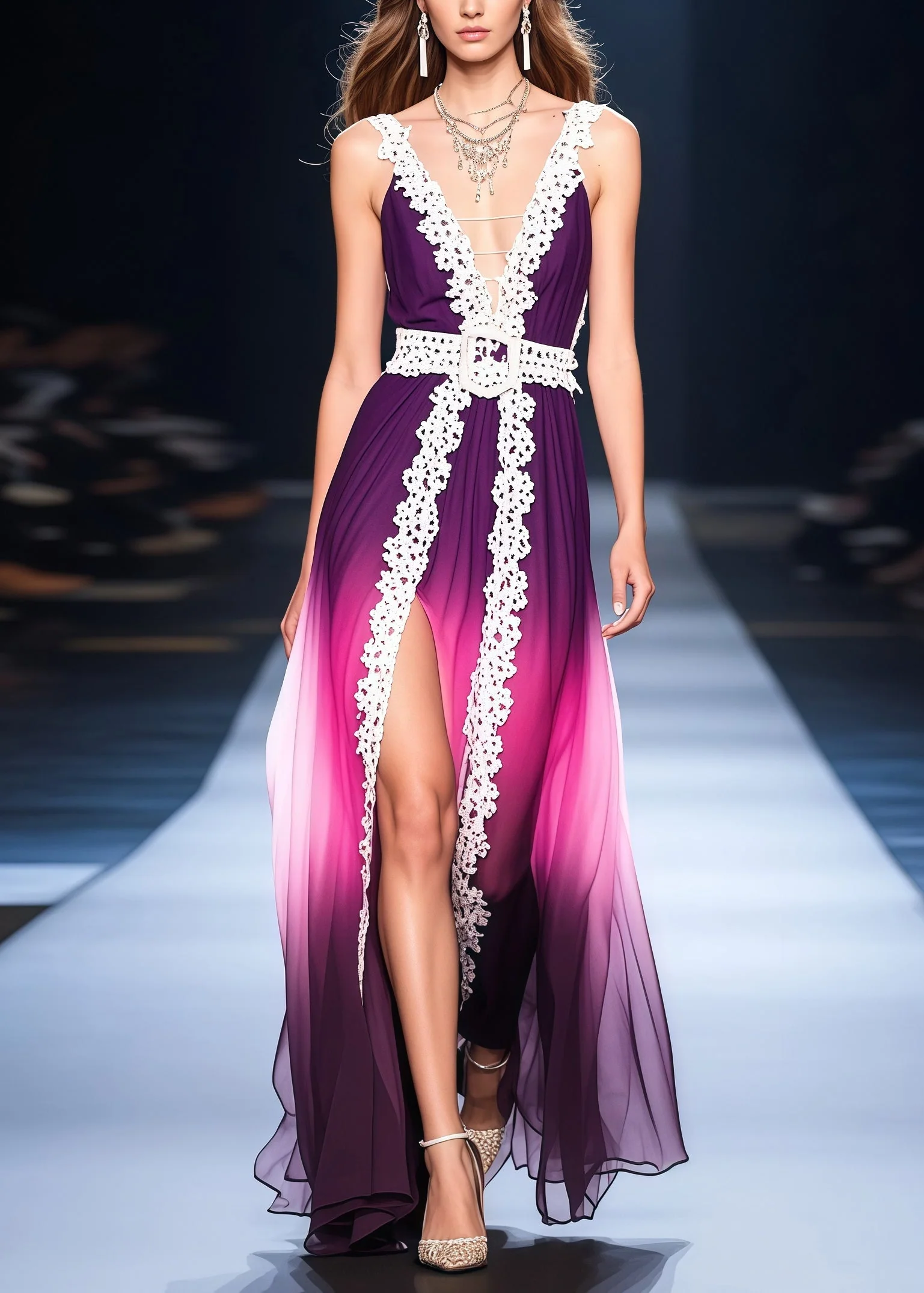 Classy Gradient Purple Side Open Lace Patchwork Chiffon Vestidos Dress Summer - Image 5