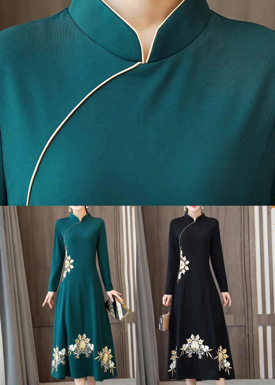 Classy Green Embroideried Patchwork Cotton Maxi Dresses Fall - Image 4