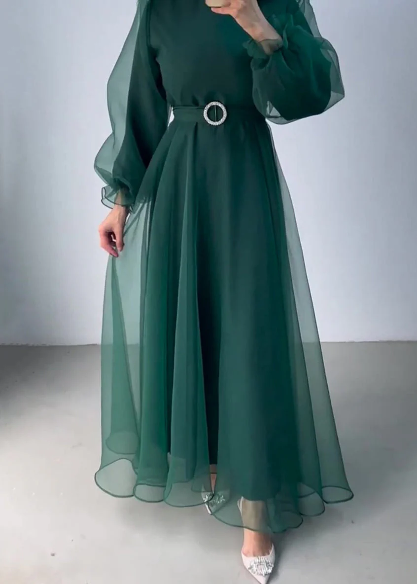 Classy Green Half High Neck Tulle Long Dresses Spring - Image 4