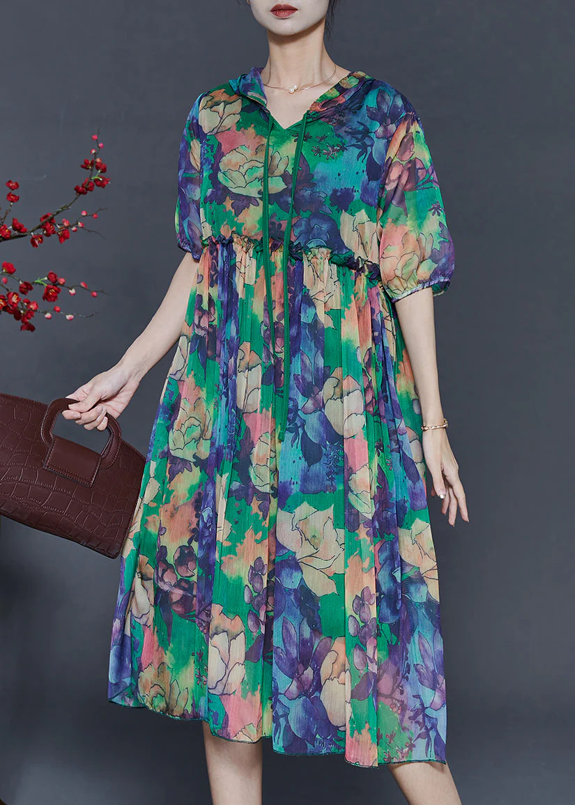 Classy Green Hooded Print Chiffon Dresses Summer - Image 2