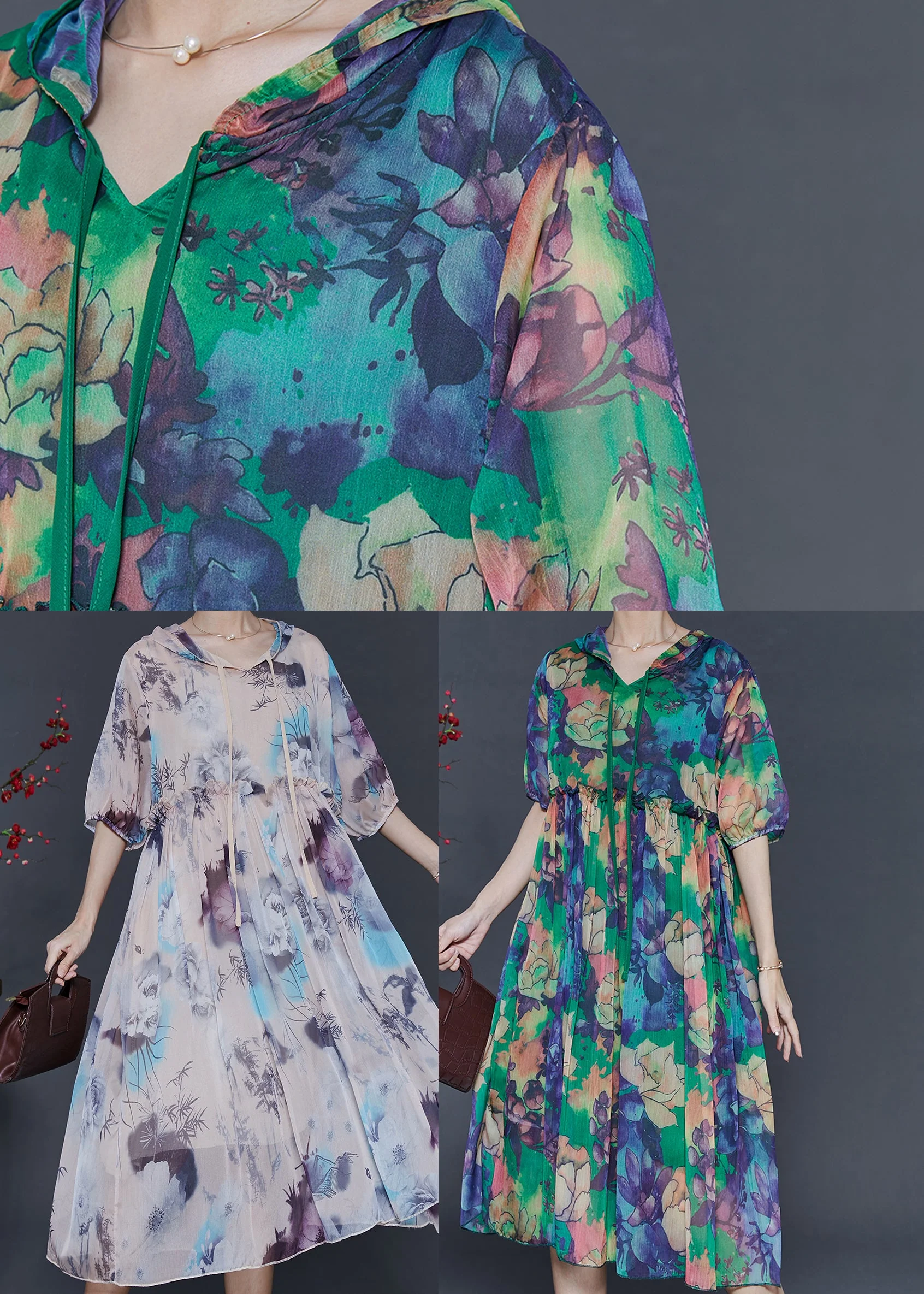 Classy Green Hooded Print Chiffon Dresses Summer - Image 5