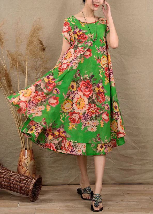 Classy Green O Neck Print Patchwork Cotton Ankle Dress Summer - Image 2