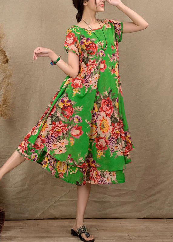 Classy Green O Neck Print Patchwork Cotton Ankle Dress Summer - Image 3