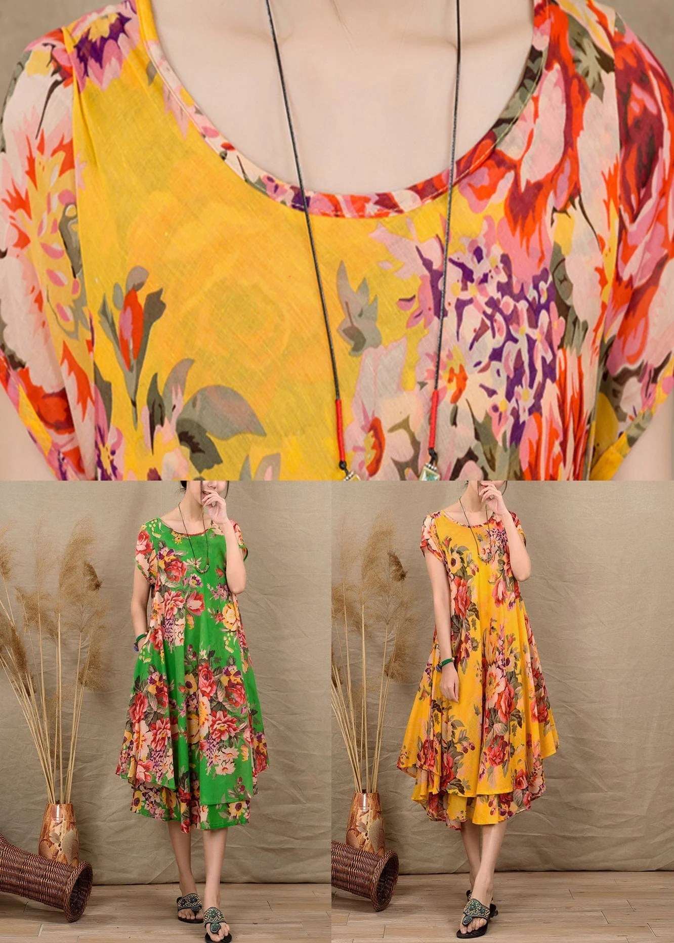 Classy Green O Neck Print Patchwork Cotton Ankle Dress Summer - Image 5