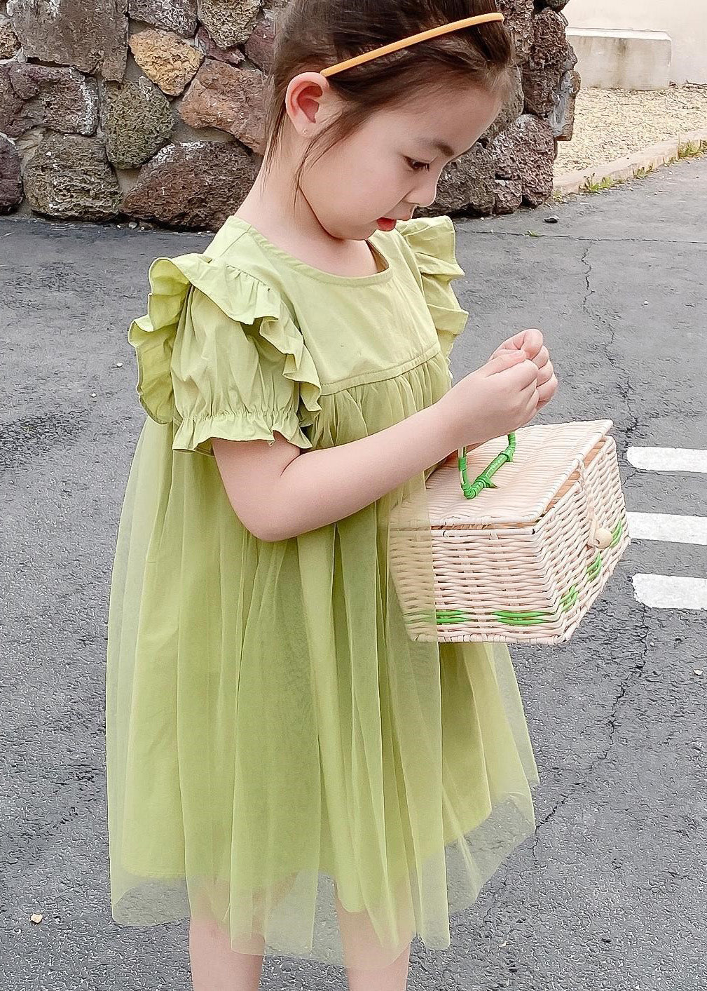 Classy Green O-Neck Ruffled Patchwork Tulle Girls Long Dresses Summer